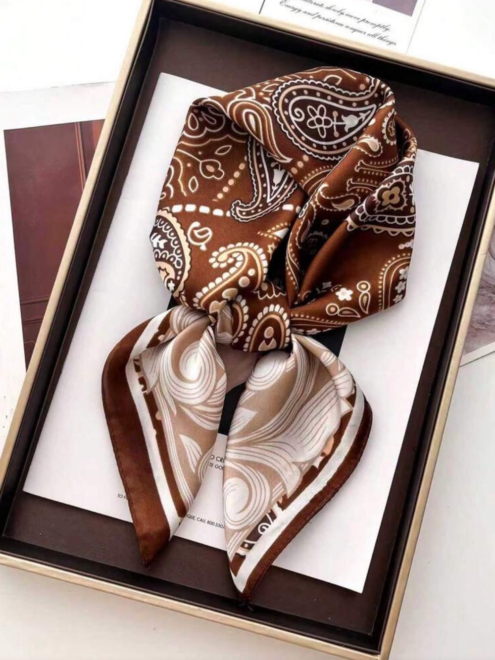 Silky Brown Cashew Paisley & Cream Printed Neck Scarf